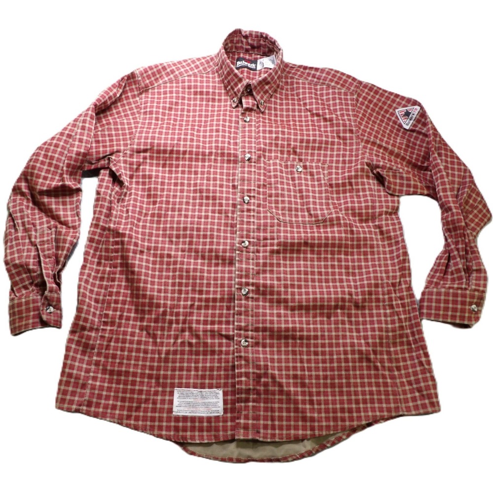 Bulwark FR Men L Red Plaid Flame Resistant Cotton Casual Long Sleeves Work Shirt